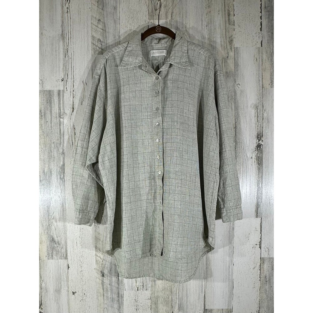 Susan‎ Barry Shirt OS Green Beige Plaid Linen Cotton Oversized Button Up Tunic